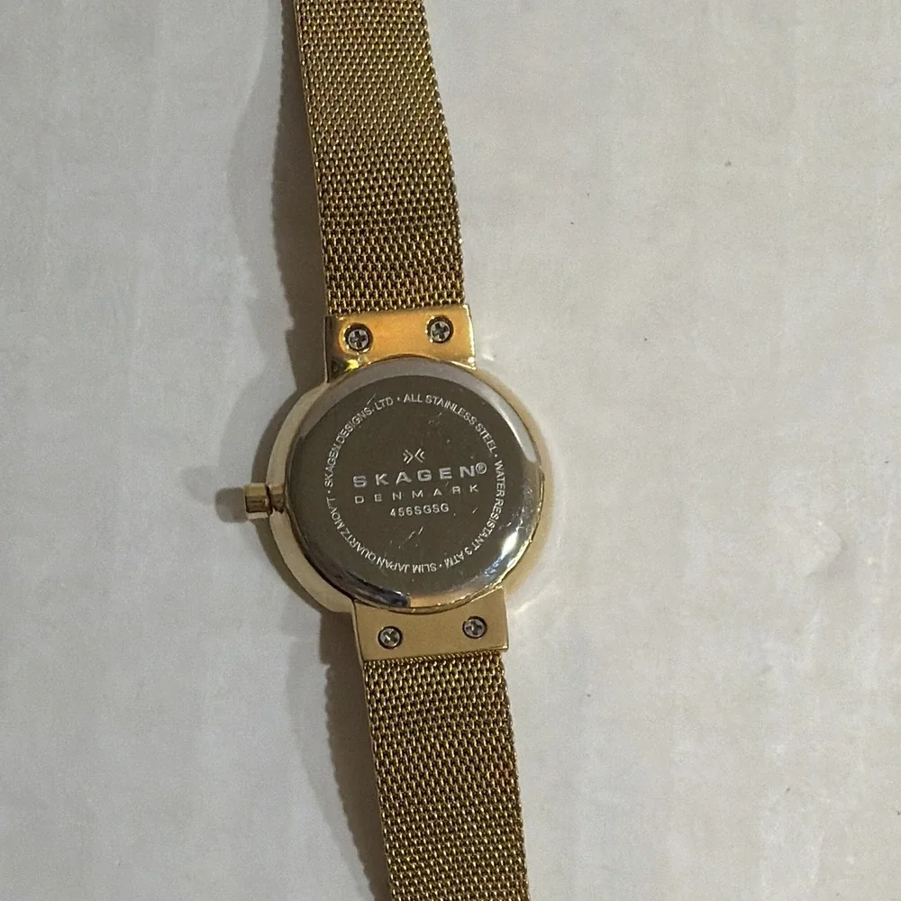 Skagen Women's Gold Dial Quartz Watch Gold Mesh Band Diamond Markers 30m